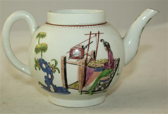 A Worcester Lady and the Loom teapot and a Liverpool bowl, c.1765-75, diameter 16cm